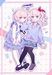  2others :d akiyama_mizuki akiyama_mizuki_(middle_school) arm_at_side arrow_(symbol) black_bow black_bowtie black_shoes black_thighhighs blue_skirt blue_sweater blush bow bowtie brown_shirt brown_shoes center_frills chinese_commentary closed_mouth collared_shirt colorful_festival_(project_sekai) commentary_request drill_hair dual_persona flying_sweatdrops frills full_body grid_background hair_between_eyes hair_bow hand_up heart high_side_ponytail highres inset_border laylayhappy long_sleeves looking_at_viewer mary_janes medium_hair medium_skirt miniskirt multiple_others nose_blush open_mouth other_focus outline over-kneehighs pink_eyes pink_hair plaid_clothes plaid_shirt pleated_skirt project_sekai puffy_long_sleeves puffy_sleeves red_bow shirt shirt_tucked_in shoes short_hair side_drill side_ponytail sidelocks simple_background skirt smile suspender_skirt suspenders sweater swept_bangs thigh-highs v_arms w white_background white_outline white_shirt white_thighhighs zettai_ryouiki 