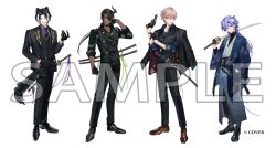  4boys :d alternate_costume alternate_hair_length alternate_hairstyle animal_ears aragami_oga arm_at_side belt belt_buckle black_belt black_boots black_choker black_gloves black_hair black_jacket black_necktie black_pants black_sash black_shirt black_shoes black_socks black_suit black_vest blue_hair blue_haori blue_jacket blue_kimono blue_shirt boots brown_shoes buckle chest_harness choker clenched_hand closed_mouth collar_chain_(jewelry) collared_shirt copyright_notice cross-laced_shoes curtained_hair dark-skinned_male dark_skin demon_horns dragon_print dragon_tattoo dress_pants dress_shoes earrings eyepatch finger_on_trigger floral_print full_body gloves gradient_clothes gradient_kimono green_eyes green_ribbon grin gun hair_between_eyes hair_down hair_ornament hair_over_one_eye half_gloves hand_in_pocket hand_up handgun hands_up haori harness hitodama holding holding_gun holding_sword holding_weapon holostars horns jackal_boy jackal_ears jackal_tail jacket jacket_on_shoulders japanese_clothes jewelry jinkei kageyama_shien katana kimono lace-up_boots lapels lineup long_hair long_sleeves looking_at_viewer looking_to_the_side low_ponytail male_focus minase_rio multicolored_hair multiple_boys multiple_swords neck_tattoo necktie notched_lapels o-ring o-ring_harness official_art open_clothes open_collar open_jacket over_shoulder pants parted_bangs partially_fingerless_gloves pink_hair pink_ribbon ponytail print_necktie print_shirt purple_hair purple_ribbon purple_shirt red_jacket ribbon rikka_(holostars) sample_watermark sash sharp_teeth sheath sheathed shirt shirt_under_kimono shoes short_hair simple_background single_earring single_horn sleeves_rolled_up smile socks standing streaked_hair suit suit_jacket sword sword_over_shoulder tattoo teeth thigh_strap turtleneck turtleneck_shirt two-sided_fabric two-sided_jacket two-tone_hair v-shaped_eyebrows vest violet_eyes virtual_youtuber waist_sash watermark weapon weapon_over_shoulder white_background white_hair white_kimono x_hair_ornament yakuza yellow_eyes 