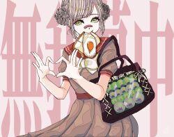  1girl bandaid bandaid_on_face bandaid_on_nose blonde_hair bow braid braided_bun bread bread_slice brown_dress double_bun dress food food_in_mouth four-finger_heart_hands fried_egg fried_egg_on_toast green_eyes hair_bun heart heart_hands highres itabag mouth_hold original pink_background pleated_dress puffy_short_sleeves puffy_sleeves red_sailor_collar rin_(rinchoco91) sailor_collar short_hair short_sleeves solo toast toast_in_mouth white_bow 