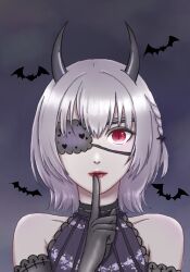  1girl bare_shoulders bat_(animal) black_gloves black_horns braid closed_mouth clouds collarbone commentary_request cross cross_print demon_horns devil&#039;s_whisper_(shining_nikki) elbow_gloves expressionless eyelashes eyepatch finger_to_mouth gloves grey_hair halter_shirt halterneck highres horns lace-trimmed_gloves lace-trimmed_shirt lace_trim lipstick looking_at_viewer makeup medical_eyepatch night night_sky nikki_(series) nostrils outdoors print_gloves purple_shirt red_eyes red_lips shining_nikki shirt short_hair side_braid single_braid sky slit_pupils solo straight-on striped_clothes striped_shirt susa_(pixiv_69554194) upper_body vertical-striped_clothes vertical-striped_shirt 