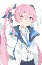  +_+ 1girl amrbf00sy942173 blue_archive blue_necktie blush_stickers closed_mouth collared_shirt fingerless_gloves gloves hair_between_eyes highres id_card jacket koyuki_(blue_archive) lanyard long_hair long_sleeves looking_at_viewer necktie open_clothes pink_eyes pink_hair shirt simple_background skirt solo twintails tying_hair white_background white_jacket white_shirt 