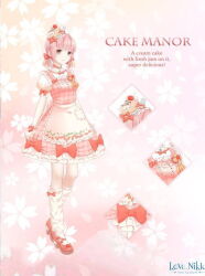  1girl apron artist_request blunt_bangs bow buttons cake cake_manor_(miracle_nikki) cake_slice character_name cherry_blossoms cherry_print close-up collar copyright_logo detached_collar dress dress_bow english_text floral_background food food-themed_hair_ornament food_print fork frilled_collar frilled_dress frilled_wrist_cuffs frills fruit_print full_body hair_bow hair_ornament kneehighs logo loose_socks low_twintails mary_janes miracle_nikki nikki_(series) official_art petals pink_background pink_dress pink_hair pocket print_apron puffy_short_sleeves puffy_sleeves red_bow red_collar red_shoes red_wrist_cuffs shirt shirt_under_dress shoes short_dress short_hair short_sleeves short_twintails sleeve_bow socks solo square_neckline standing third-party_source twintails waist_apron white_apron white_shirt white_socks wrist_bow wrist_cuffs 