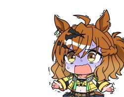  1girl ahoge animal_ears braid brown_hair ear_ornament earrings hair_between_eyes hair_ornament hairclip half_up_half_down_braid horse_ears horse_girl horse_tail jacket jewelry jungle_pocket_(champion's_battle_cry)_(umamusume) jungle_pocket_(umamusume) long_sleeves medium_hair navel notched_ear open_clothes single_earring skirt tail umamusume umamusume:_beginning_of_a_new_era yellow_eyes yellow_jacket yurin35699515 