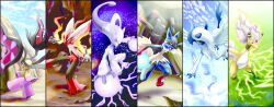  absol absurdres ampharos blaziken blue_eyes blue_sky claws closed_mouth clouds colored_sclera commentary_request day electricity energy_ball fangs fire highres hooh_lin lucario mawile mega_absol mega_ampharos mega_blaziken mega_lucario mega_mawile mega_mewtwo_y mega_pokemon mewtwo open_mouth outdoors pink_eyes pokemon pokemon_(creature) pokemon_focus red_eyes sky smile standing standing_on_one_leg violet_eyes yellow_sclera 