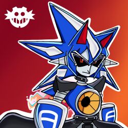  armor blue_hair cape collar engine gijinka hedgehog highres mechanical_arms metal_collar metal_sonic neo_metal_sonic non-web_source red_eyes shoulder_armor sonic_(series) spiky_hair 