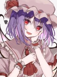  1girl ascot bat_wings commentary_request fang frilled_cuffs frilled_hat frilled_shirt_collar frills hair_between_eyes hand_on_own_face hands_up hat hat_ribbon highres looking_at_viewer mob_cap nekono_rion open_mouth pink_hat pink_shirt purple_hair red_ascot red_eyes red_ribbon remilia_scarlet ribbon shirt short_hair short_sleeves smile solo touhou variant_set wings wrist_cuffs 