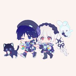  1boy 1girl :&lt; animalization aqua_necktie aqua_trim artist_request beret black_cat black_headdress black_ribbon black_shorts black_sleeves blunt_bangs blunt_ends blunt_tresses cat chibi closed_mouth collared_shirt commission commissioner_insert contemporary couple cup curly_ends disposable_cup drinking_straw eyeliner eyeshadow full_body genshin_impact grey_hat grey_sweater_vest hair_ribbon hat hayami_momo_(hayamimomo) hetero highres holding holding_cup holding_hands long_hair long_sleeves looking_at_another looking_to_the_side makeup mid-stride necktie oc_x_canon official_alternate_costume one_eye_closed original person_and_animalization pink_eyes purple_hair purple_trim red_eyeliner red_eyeshadow ribbon scaramouche_(cat)_(genshin_impact) scaramouche_(genshin_impact) school_uniform second-party_source shirt short_sleeves shorts stuffed_toy sweater_vest tsurime twintails violet_eyes wanderer_(genshin_impact) wanderer_(mega_mgc_coffee)_(genshin_impact) white_shirt white_sleeves wispy_bangs 