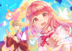  1boy 1girl ^_^ absurdres ahoge animal blonde_hair bloom_poetry_(shining_nikki) blue_sky bow bowtie brown_eyes bug butterfly cat cloak closed_eyes clothed_animal clothes_writing clouds collared_shirt commentary_request dot_nose dress dress_shirt floating floating_hair frilled_shirt_collar frills happy highres hood hooded_cloak jacket layered_sleeves light_blush loen_(shining_nikki) long_hair long_sleeves looking_at_animal looking_at_viewer messy_hair momo_(nikki) nikki_(nikki) nikki_(series) notice_lines open_mouth pinafore_dress pink_dress pink_hair pinstripe_pattern pinstripe_shirt red_bow red_bowtie red_jacket shining_nikki shirt short_hair sky sleeveless sleeveless_dress smile tareme teeth upper_body upper_teeth_only violet_eyes white_cat white_shirt wind yellow_cloak yui-yui_(taphat) 