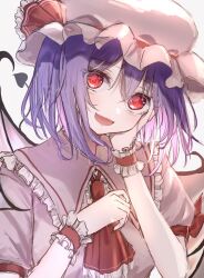  1girl ascot bat_wings commentary_request fang frilled_cuffs frilled_hat frilled_shirt_collar frills hair_between_eyes hand_on_own_face hands_up hat hat_ribbon highres looking_at_viewer mob_cap nekono_rion open_mouth pink_hat pink_shirt purple_hair red_ascot red_eyes red_ribbon remilia_scarlet ribbon shirt short_hair short_sleeves smile solo touhou variant_set wings wrist_cuffs 