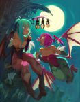  bat bat_wings breasts cleavage closed_eyes demon_girl eyes_closed full_moon green_eyes green_hair head_wings large_breasts leotard lilith_aensland long_hair moon morrigan_aensland multiple_girls open_mouth pantyhose pink_eyes pink_hair pointing sleeping succubus vampire_(game) wings wink xavier_houssin 