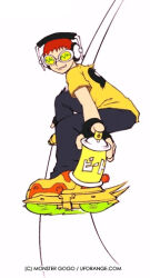  1boy archived_source artist_name beat_(jsr) black_gloves black_pants commentary_request copyright_notice english_text fingerless_gloves flat_color foreshortening full_body gloves grin grind_fiction headphones holding holding_spray_can inline_skates jet_set_radio korean_commentary leaning_forward legs_apart monster_gogo pants print_shirt railing red_hair roller_skates sega shirt shoes short_sleeves simple_background skates sliding smear_frame smile spray_can streetwear t-shirt teeth tinted_eyewear web_address wheel white-framed_eyewear white_background yellow-tinted_eyewear yellow_shirt yellow_shoes yellow_sleeves 