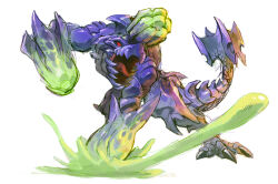 blue_scales brachydios garrett_hanna highres horns monster monster_focus monster_hunter_(series) no_humans open_mouth red_eyes scales sharp_teeth single_horn slime_(substance) solid_eye solo spiked_tail tail teeth white_background 