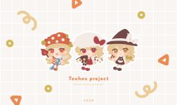  3girls american_flag_dress blonde_hair bow braid chibi clown clownpiece crystal_wings flandre_scarlet full_body hair_bow hat hat_bow heart kirisame_marisa long_hair multiple_girls mushroom nig_18 open_mouth red_eyes reitaisai short_hair smile stuffed_animal stuffed_toy teddy_bear torch touhou wings witch witch_hat yellow_eyes 