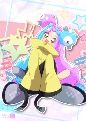  1girl :d artist_logo artist_name asukamama89 asymmetrical_legwear black_jacket blue_hair blush boots bow-shaped_hair character_hair_ornament commentary cosplay dot_nose full_body green_eyes grey_boots grey_pantyhose hair_ornament head_tilt heart highres indian_style iono_(pokemon) iono_(pokemon)_(cosplay) jacket logo long_hair long_sleeves low-tied_long_hair magnemite monster_girl multicolored_hair multicolored_jacket open_mouth oversized_jacket pantyhose patterned_background pink_hair pokemon pokemon_(creature) pokemon_sv puniru_(puniru_wa_kawaii_slime) puniru_wa_kawaii_slime single_bare_leg single_leg_pantyhose sitting sleeves_past_fingers sleeves_past_wrists slime_girl slime_hair smile solo star_(symbol) star_symbol_background two-tone_hair two-tone_jacket very_long_hair yellow_jacket 