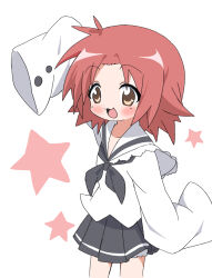  1girl :3 :d absurdres arm_up black_neckerchief black_skirt blush brown_eyes happy highres kogami_akira lucky_star neckerchief onjyoji168685 pink_hair pink_star pleated_skirt school_uniform shirt skirt smile star_(symbol) very_long_sleeves white_background white_shirt 
