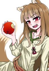  1girl :d akuma0320 animal_ear_fluff animal_ears apple bitten_apple blunt_bangs blush brown_hair commentary cowboy_shot dress drooling eyelashes fang food food_bite food_on_face fruit green_dress hand_up highres holding holding_food holding_fruit holo long_hair long_sleeves looking_at_viewer mouth_drool open_mouth red_eyes sidelocks simple_background smile solo spice_and_wolf straight_hair symbol-only_commentary tail teeth tsurime upper_teeth_only very_long_hair white_background wolf_ears wolf_tail 