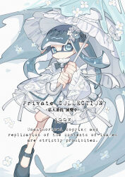  1girl absurdres black_shoes blue_bow blue_bowtie blue_eyes blue_hair blue_umbrella bow bowtie closed_mouth frilled_sleeves frills full_body highres holding holding_umbrella inkling inkling_girl inkling_player_character long_hair long_sleeves looking_at_viewer mochizuki_inochi pointy_ears portrait shoes simple_background solo splatoon_(series) standing standing_on_one_leg tentacle_hair umbrella watermark white_background 