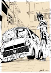  03_kyv 1girl 3boys animal_ear_fluff animal_ears anton_ivanov bear_boy bear_ears ben_bigger black_shoes building car chain chain_necklace closed_mouth coat coat_on_shoulders commentary_request cramped crossed_arms fat fat_man fingerless_gloves flame_print flat_tire from_side furry furry_male gloves greyscale_with_colored_background high-waist_shorts highres jewelry ju_fufu looking_at_another monochrome motor_vehicle multicolored_fur multiple_boys necklace open_mouth outdoors pan_yinhu panda_boy panda_ears plump round_eyewear scar scar_across_eye scar_on_face shoes shorts spiky_hair striped_fur striped_hair sweat tail thigh_strap tiger_ears tiger_girl tiger_tail white_coat zenless_zone_zero 