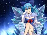  adapted_costume adult blue_eyes blue_hair bow breasts chin_rest cirno cleavage crossed_legs hair_bow legs_crossed light_smile short_hair sitting snow solo throne touhou wado wings 