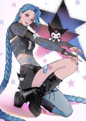  1girl armband bandaid bandaid_on_face bandaid_on_leg bandaid_on_nose black_boots black_bridal_gauntlets black_skirt blue_hair blue_nails boots braid breasts bridal_gauntlets charm_(object) commentary crop_top crossed_bandaids earrings fingernails full_body head_tilt highres jewelry jinx_(league_of_legends) kneeling kuromi league_of_legends long_hair long_sleeves looking_at_viewer miniskirt multicolored_nails nail_polish navel pink_eyes pink_lips pink_nails platform_boots ring sanrio shrug_(clothing) simple_background single_thighhigh skirt small_breasts solo star_(symbol) sumi_(suumiko_) tattoo teeth thigh-highs twin_braids twintails very_long_hair 