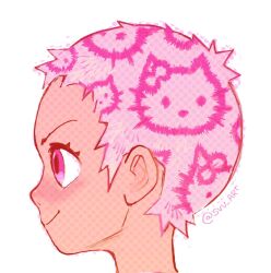  1girl blush buzz_cut closed_mouth commentary english_commentary eyelashes from_side hello_kitty hello_kitty_(character) original patterned_hair pink_eyes pink_hair portrait sanrio short_hair simple_background smile solo svv_art twitter_username very_short_hair white_background 