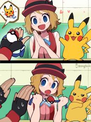  1boy 1girl absurdres applying_gag ash_ketchum ball_gag bare_shoulders blue_eyes bongftah brown_hair collar gag half-closed_eyes hat highres holding holding_collar holding_gag indoors misunderstanding pikachu pink_hat pink_shirt poke_ball poke_ball_(basic) pokemon pokemon_(anime) pokemon_xy_(anime) red_vest serena_(pokemon) shirt unworn_collar unworn_gag vest you're_doing_it_wrong 