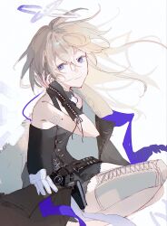  1girl aok1_1ro_(ok_1xxx) arknights arm_up armor bare_shoulders belt black_belt black_collar black_dress blonde_hair blue_eyes blue_halo closed_mouth collar commentary cuisses detached_collar dress feet_out_of_frame hair_between_eyes halo highres jacket jacket_partially_removed knee_pads leather_armor long_hair looking_at_viewer short_dress sidelocks sketch smile solo squatting vambraces vannini_(arknights) white_background 