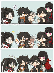  2girls 3boys angry black_hair black_kimono black_ribbon black_scarf blue_background blue_hair blue_streaks brown_eyes brown_scarf character_request chibi chibi_only closed_eyes closed_mouth dialogue_box dog fate/grand_order fate_(series) flower_symbol hiding hiding_behind_another high_ponytail highres jacket japanese_clothes katsu_kaishuu_(fate) kimono long_bangs long_hair low_ponytail medium_hair misuko_(sbelolt) multicolored_hair multiple_boys multiple_girls old old_man open_mouth petting pink_eyes ponytail red_jacket red_ribbon ribbon scared scarf simple_background streaked_hair sweatdrop two-tone_hair white_eyes white_hair white_streaks yellow_ribbon 