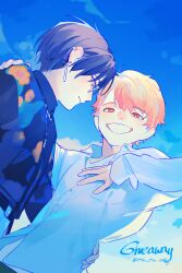  2boys aoyagi_touya black_hair blonde_hair blue_shirt collared_shirt commentary english_commentary english_text gradient_hair grin hand_on_another&#039;s_hip highres long_sleeves looking_at_viewer male_focus multicolored_hair multiple_boys orange_eyes orange_hair pipi_(m1x_mix) project_sekai shirt sleeves_past_wrists smile star-shaped_pupils star_(symbol) symbol-shaped_pupils tenma_tsukasa white_shirt 