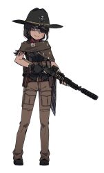 1girl arm_tattoo bandana bandana_around_neck belt black_boots black_gloves black_vest boots breasts brown_hair brown_pants campaign_hat chest_rig closed_mouth commission eyepatch fingerless_gloves flashlight gloves gun handgun highres holster karepack lever_action long_hair looking_at_viewer low_ponytail medium_breasts optical_sight original pants ponytail red_bandana rifle scar scar_across_eye scar_on_face smile suppressor tattoo trigger_discipline vest watch weapon yellow_eyes 