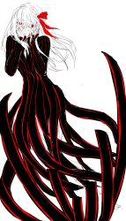  1girl absurdres black_dress commentary cracked_skin dark_sakura dress facial_mark fate/stay_night fate_(series) full_body hair_ribbon hakaba_garden hands_on_own_face heaven&#039;s_feel highres long_bangs long_hair long_sleeves looking_at_viewer matou_sakura red_eyes red_ribbon ribbon simple_background sketch solo symbol-only_commentary white_background white_hair yandere_trance 