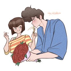  1boy 1girl artist_name blue_kimono blunt_bangs blunt_ends blush bob_cut bouquet bra_strap breasts brown_eyes brown_hair closed_mouth commentary commission crop_top crop_top_overhang cropped_shirt cropped_torso english_commentary film_grain flower from_side green_sports_bra half-closed_eyes hands_up hetero holding holding_bouquet holding_pencil inverted_bob japanese_clothes jawbone kimono kunou_tatewaki looking_at_another looking_to_the_side medium_breasts money_gesture motion_lines nose_blush off-shoulder_shirt off_shoulder orange_shirt pencil pursed_lips ranma_1/2 red_flower red_rose rose sara_antonellini shirt short_hair short_sleeves sideways_glance signature simple_background single_bare_shoulder smile sports_bra striped_clothes striped_shirt tendou_nabiki two-handed upper_body w_arms wavy_hair white_background wide_sleeves yellow_shirt 