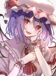  1girl ascot bat_wings commentary_request fang frilled_cuffs frilled_hat frilled_shirt_collar frills hair_between_eyes hand_on_own_face hands_up hat hat_ribbon highres looking_at_viewer mob_cap nekono_rion open_mouth pink_hat pink_shirt purple_hair red_ascot red_eyes red_ribbon remilia_scarlet ribbon shirt short_hair short_sleeves smile solo touhou variant_set wings wrist_cuffs 