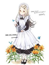  1girl absurdres alternate_costume apron black_dress black_shoes blonde_hair blush bug butterfly colored_eyelashes commentary_request commission contrast_collar dot_nose dress enmaided flipped_hair flower frilled_apron frilled_dress frills full_body gakuen_idolmaster glasses gradient_hair grey_hair hair_ornament hairclip highres holding holding_watering_can idolmaster long_dress long_hair long_sleeves looking_at_viewer maid maid_apron maid_headdress mary_janes multicolored_hair oonouni open_mouth orange_eyes orange_flower parallel_hairclips parted_bangs petticoat round_eyewear shinosawa_hiro shoes skeb_commission socks solo standing translation_request twitter_username watering_can watermark white_apron white_background white_headdress white_socks yellow-framed_eyewear 