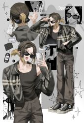  1boy ? absurdres airpods alternate_costume black_hair black_tank_top cellphone character_name commentary converse full-length_zipper full_body grey_pants haikyuu!! hand_in_pocket highres holding holding_phone iphone jacket kozume_kenma looking_at_phone male_focus mirror_selfie multicolored_hair multiple_views pants phone pocket selfie shirt_tucked_in short_hair shujxxn single_off_shoulder sleeve_zipper smartphone streaked_hair tank_top tongue tongue_out two-tone_hair wireless_earphones yellow_eyes zipper zipper_pull_tab 
