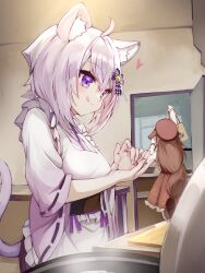  absurdres ahoge animal_ear_fluff animal_ears apron beret blush brown_hair cat_ears cat_girl cat_tail dog_ears dog_girl doorway food hat highres hololive inugami_korone inugami_korone_(street) nekomata_okayu onigiri purple_hair sue_(bg-bros) tail violet_eyes virtual_youtuber 