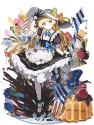  1girl alternate_costume apron arm_up black_dress black_gloves black_shoes blonde_hair blue_bow blue_bowtie bow bowtie cherry chinese_commentary closed_mouth commentary_request dessert dress food fork fruit full_body gloves hat hat_bow highres light_blush long_hair looking_at_viewer pantyhose phoebe_(wuthering_waves) pudding shoes short_sleeves smile solo violet_eyes white_hat white_pantyhose wiersa wuthering_waves yellow_bow 