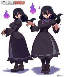  1girl absurdres artist_name black_corset black_dress black_hair black_shoes breasts closed_mouth corset dress earrings fire hair_between_eyes hex_maniac_(pokemon) hex_maniac_(pokemon_legends:_z-a) highres jewelry large_breasts long_hair multiple_views nail_polish parted_lips patreon_username pokemon pokemon_legends:_z-a purple_fire shoes smgold sphere_earrings will-o&#039;-the-wisp_(mythology) 