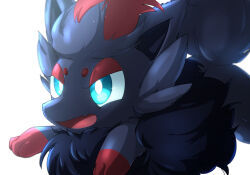  animal_focus backlighting blue_eyes blurry bright_pupils commentary_request dated_commentary depth_of_field fang highres iogi_(iogi_k) light_particles looking_afar no_humans open_mouth partial_commentary pokemon pokemon_(creature) redrawn running serious simple_background skin_fang solo white_background white_pupils zorua 