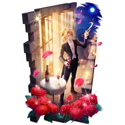  1boy alcohol artist_request balcony black_boots black_jacket black_pants black_suit blonde_hair boots bottle bow bowtie candlestand closed_mouth collared_shirt cup curtained_hair drinking_glass falling_petals flower full_body full_moon game_cg hand_up holding holding_cup jacket kitamura_motoyasu legendary_spear_(small_spear)_(tate_no_yuusha_no_nariagari) legendary_spear_(tate_no_yuusha_no_nariagari) long_sleeves male_focus medium_hair messy_hair moon night night_sky official_alternate_costume official_art one_eye_closed open_clothes open_jacket outdoors pants petals ponytail red_eyes red_flower red_rose red_wine rose shirt short_ponytail simple_background sky smile snapping_fingers solo sparkle star_(sky) starry_sky suit table tate_no_yuusha_no_nariagari tate_no_yuusha_no_nariagari_rerise transparent_background white_bow white_bowtie white_shirt wine wine_bottle wine_glass 