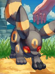  1other animal_focus black_fur blue_sky closed_mouth colored_sclera grass highres looking_down outdoors p9kfxaofqi54546 pokemon pokemon_(creature) pokemon_focus red_eyes red_sclera sky tail umbreon 
