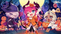  1boy 2girls ascot balloon blue_eyes blush bow bowtie broom broom_riding candle chibi chibi_only cloak confetti crown dragon_girl dragon_horns dragon_tail dress elizabeth_bathory_(fate) fang fate/grand_order fate_(series) full_body full_moon ghost_costume glasses gloves grey_eyes halloween halloween_costume hat highres holding holding_pumpkin hood hooded_cloak hooded_robe horns jack-o&#039;-lantern jacques_de_molay_(foreigner)_(fate) large_hat long_hair looking_at_viewer mini_crown moon multiple_girls night night_sky official_art one_eye_closed open_mouth outdoors pants pink_hair pointy_ears pumpkin robe second-party_source shirt shoes short_hair shorts sidesaddle sky smile standing tail tutankhamun_(fate) violet_eyes white_hair witch witch_hat 