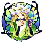  1girl braid butterfly_wings circle fairy finger_licking flower food fruit grapes hair_flower hair_ornament head_wreath licking mercedes oboro_keisuke odin_sphere red_eyes solo tongue twin_braids wings 