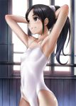  armpits arms_behind_head ballerina ballet ballet_bar barre black_hair camisole flat_chest highleg jumpei leotard original ponytail skin_tight smile solo window 