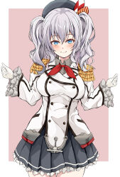  1girl beret blue_eyes blush breasts commentary_request cowboy_shot dairyo3 epaulettes gloves grey_hair grey_skirt hat highres kantai_collection kashima_(kancolle) medium_hair military military_uniform neckerchief open_mouth pink_background pleated_skirt red_neckerchief simple_background skirt smile solo twintails two-tone_background w_arms white_gloves 