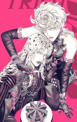  1boy 1girl alternate_costume arched_crown bare_shoulders black_lips bow character_name crown diavolo dress earrings elbow_gloves father_and_daughter flower flower_ornament fork formal_clothes gloves holding holding_fork holding_knife jacket jewelry jojo_no_kimyou_na_bouken knife long_hair looking_at_viewer makeup multiple_rings parted_lips pink_background pink_theme pinstripe_pattern pinstripe_suit plate ring short_hair spotted_hair suit suit_jacket trish_una vento_aureo white_hair zhhy3324 