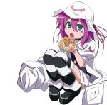  choker doughnut eating fang green_eyes hat highres jacket merry_nightmare open_mouth purple_hair short_hair sitting skirt solo striped striped_legwear striped_thighhighs thigh-highs thighhighs torasen_(artist) transparent_background vector_trace yumekui_merry 