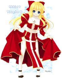  1girl 2000s_(style) :d ahoge black_shoes blonde_hair blue_eyes blush bow commentary_request cross cross_print curtsey dress full_body garter_straps hair_bow high_priest_(ragnarok_online) juliet_sleeves long_hair long_sleeves looking_at_viewer milestone_celebration open_mouth pelvic_curtain pointy_ears puffy_sleeves ragnarok_online red_bow red_dress sash shoes signature smile solo standing thigh-highs tsukada_tozu two-tone_dress white_dress white_sash white_thighhighs 