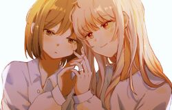  1girl 1other akiyama_mizuki brown_eyes brown_hair closed_mouth collared_shirt commentary_request couple glint hair_between_eyes half-closed_eyes hand_up head_tilt heads_together holding_hands interlocked_fingers jewelry kyline light_blush long_hair long_sidelocks long_sleeves looking_ahead looking_at_viewer other_with_female parted_lips pink_eyes pink_hair portrait project_sekai ring shinonome_ena shirt side-by-side sidelocks simple_background smile swept_bangs white_background white_shirt 
