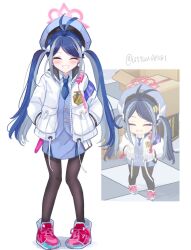  1girl antenna_hair armband black_pantyhose blue_archive blue_armband blue_hair blue_necktie blue_skirt blue_vest bow box cardboard_box closed_eyes collared_shirt commentary_request fubuki_(blue_archive) full_body game_screenshot_inset grey_hair grin hair_bow hair_ornament hands_in_pockets hat heart heart_hair_ornament highres jacket long_hair loose_necktie multicolored_hair necktie pantyhose photo-referenced pigeon-toed pink_shoes police_badge police_hat revision shirt shoes simple_background skirt smile sneakers solo standing swept_bangs thigh_gap tile_floor tiles twintails twitter_username two-tone_hair uttsu_(yumaviviane) very_long_hair vest white_background white_bow white_jacket white_shirt 